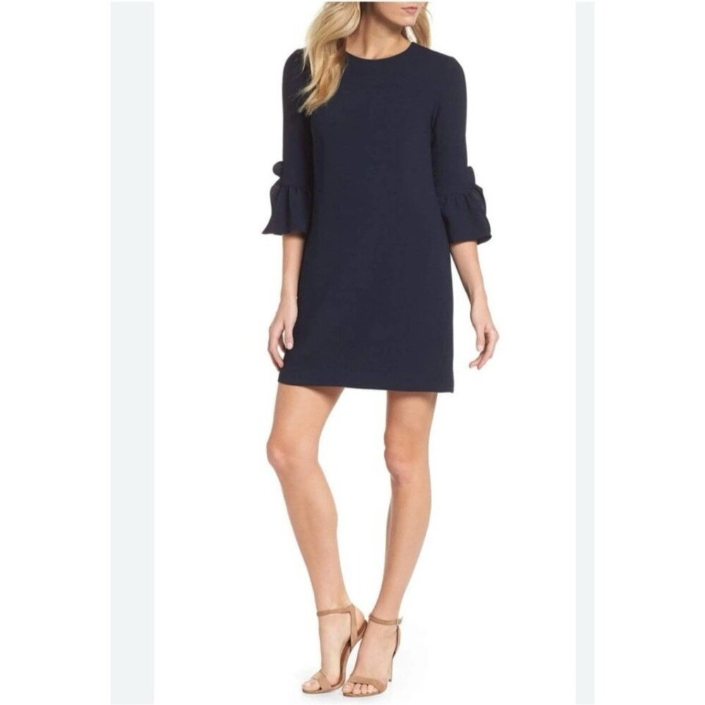 Maggy London Dress 18 Navy Blue 3/4 Long Ruffle Sleeve Stretch Sheath Washable